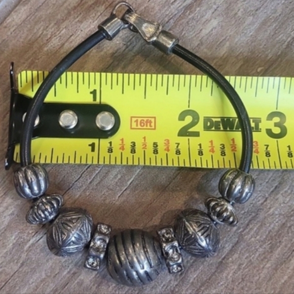 Vintage Silver Tone Beaded Black Leather Cord Bracelet, Magnetic Closure - Picture 4 of 6